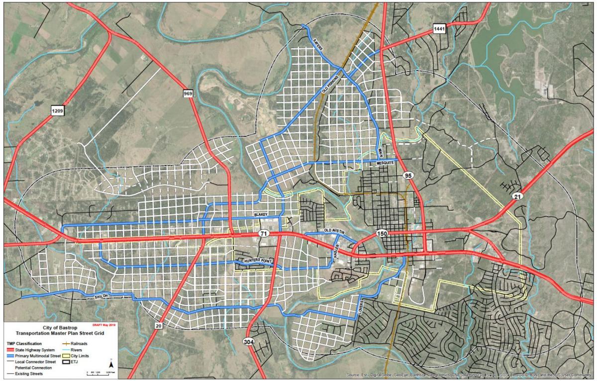 The Bastrop transportation plan extends the street grid from the old downtown at the center-right, with streets drawn in black. Source: Simplecity Design.