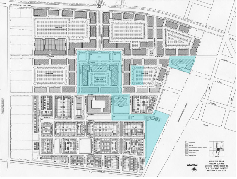 The plan for Frisco Square is connected to the historic downtown blocks, on the upper right. Source: Torti Gallas from David M. Schwartz plan.